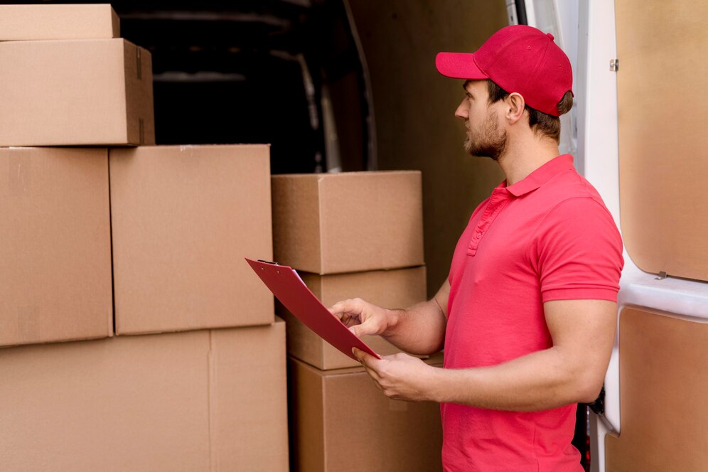 delivery man checking packages